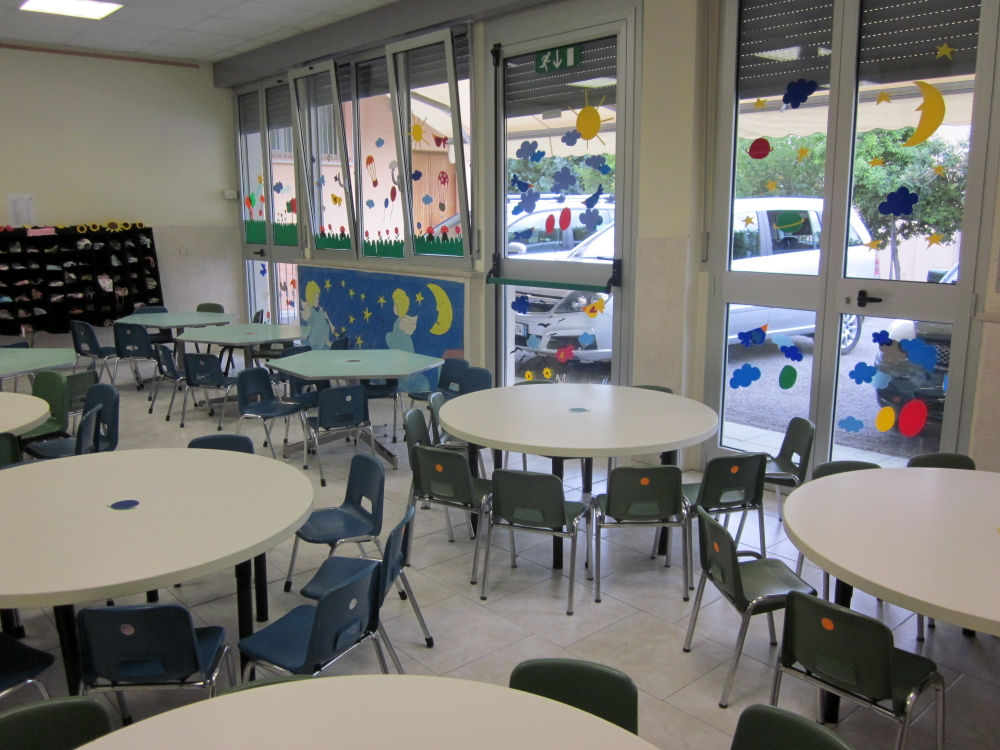 Tavoli e spazi interni della scuola